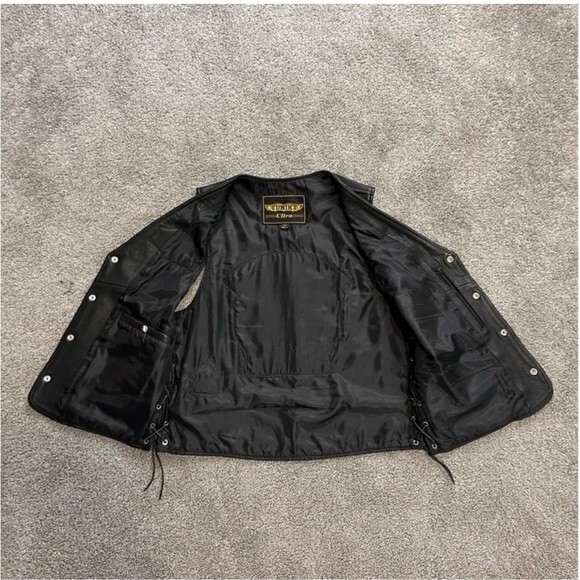 Unik Black Leather Vest with Lace-Up Sides, Braided Leather, HOG Patches LARGE - Picture 8 of 15